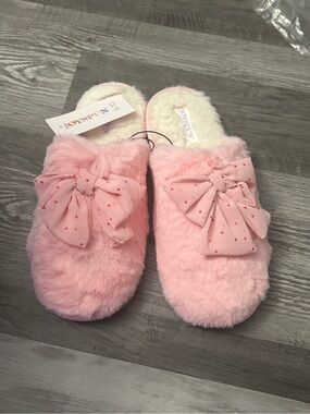 JOYSPUN Women's Pink Faux Fur Bow Slip-On Slippers